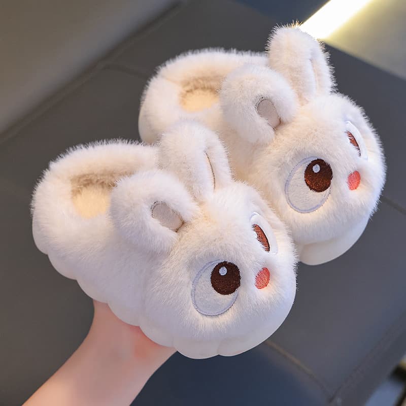 Winter Children's Cotton Slippers Women's Cute Warm Fleece-Lined Rabbit Fur Home Use Boys Baby Cotton Slippers Non-Slip