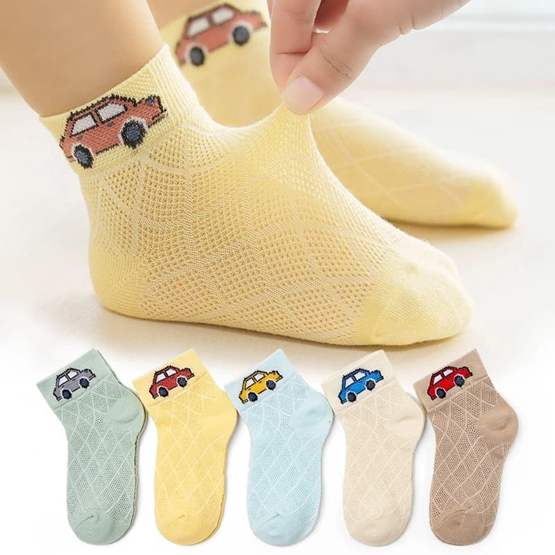 Children's Thin Summer Socks, Boys' Baby Mesh Short Socks, Lightweight Breathable Moisture-Wicking Student Socks, Car Pattern