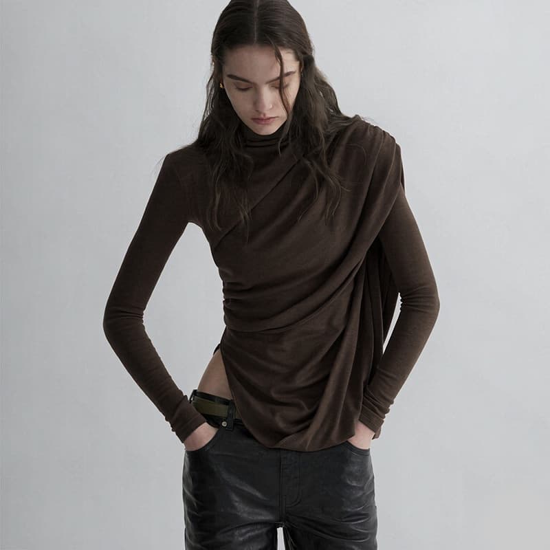 C26TP325 New Autumn Sexy Half Turtleneck Slim Fit Asymmetric Draped Waist-Cinched Long Sleeve Top for Women's Fashion