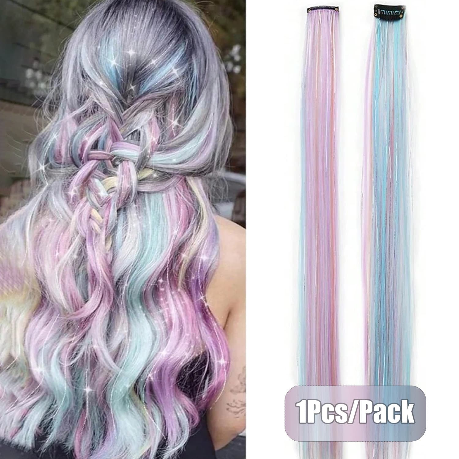 Laser ear-hanging hair extensions dyed with mixed colors pink and purple with highlights and sky blue