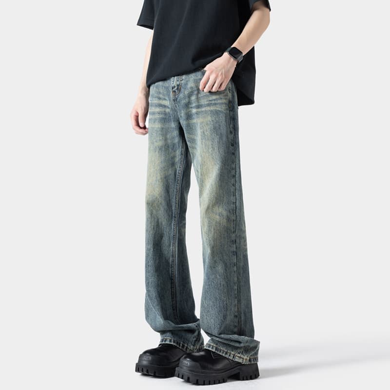 American Vintage Blue Jeans for Men, Summer Trendy Brand Loose Cleanfit Tall Slightly Flared Pants, Casual Long Pants