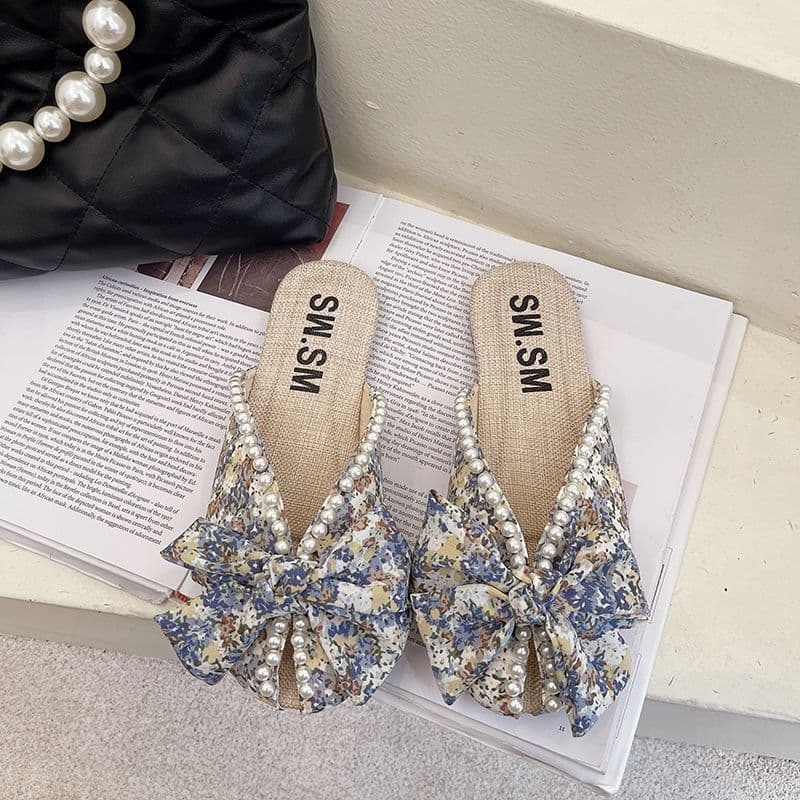 Drag Beach 2022 Fashion Outer Wear Small Toe-Covered Sandals Half Slippers Floral Print Versatile Flat Bottom Summer Lazy New Style for Women
