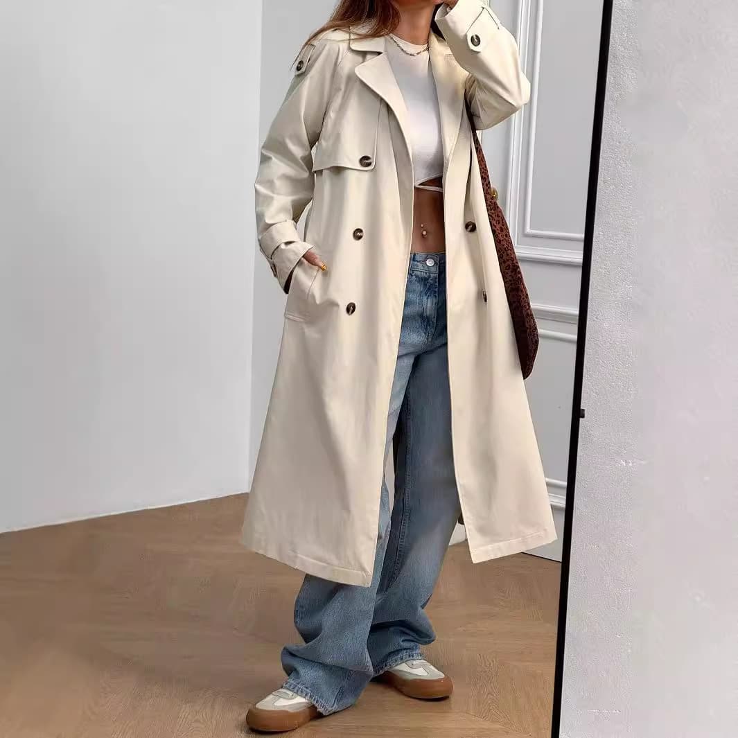 Custom Trench Coat for Women, European and American Cross-Border Autumn/Winter Elegant Extended Long Sleeve Double-Breasted Coat, Simple and Versatile
