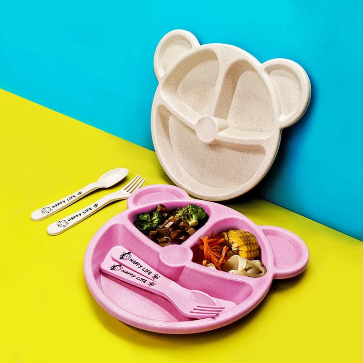Export Wheat Straw Cartoon Bear Children's Divided Plate, Creative Kindergarten Student Tableware Set 3-Piece