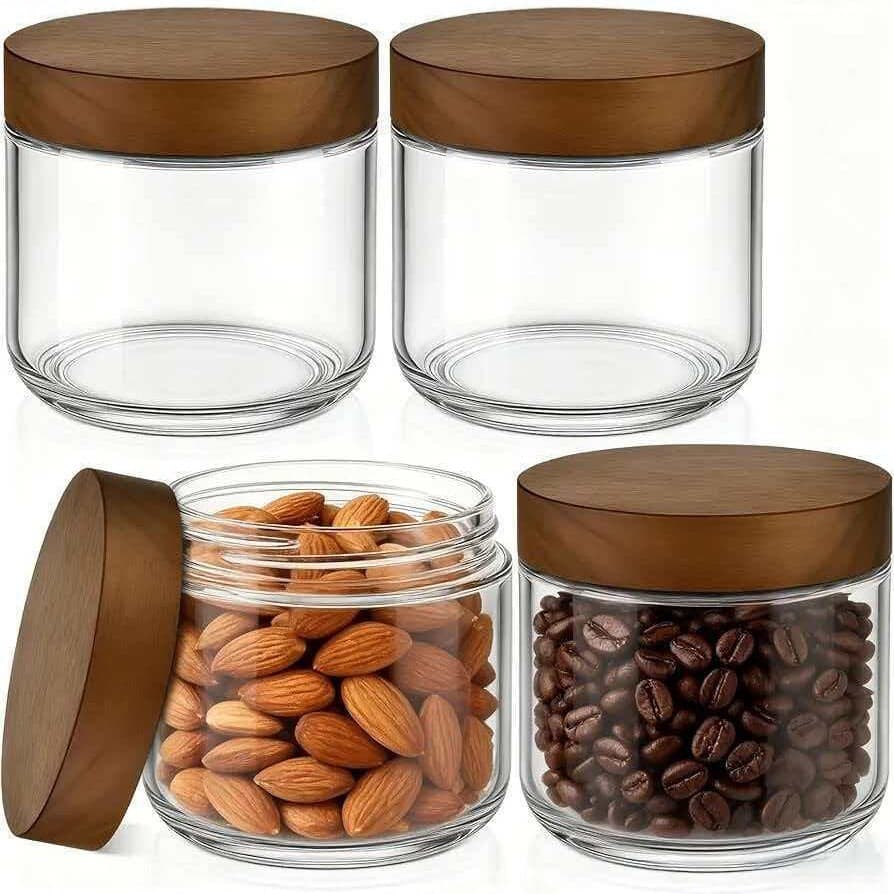 Cross-border Glass Sealed Jar with Acacia Wood Lid, Coffee Bean Grain Storage Canister, Moisture-Proof Mason Jar, Oatmeal Cup