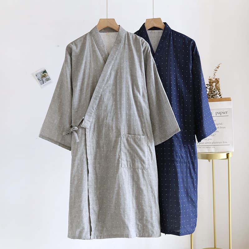 Japanese-Style Lace Kimono Pajamas for Men Spring and Summer Pure Cotton Yarn-Dyed Thin Loose Breathable Steaming Home Wear Pajamas
