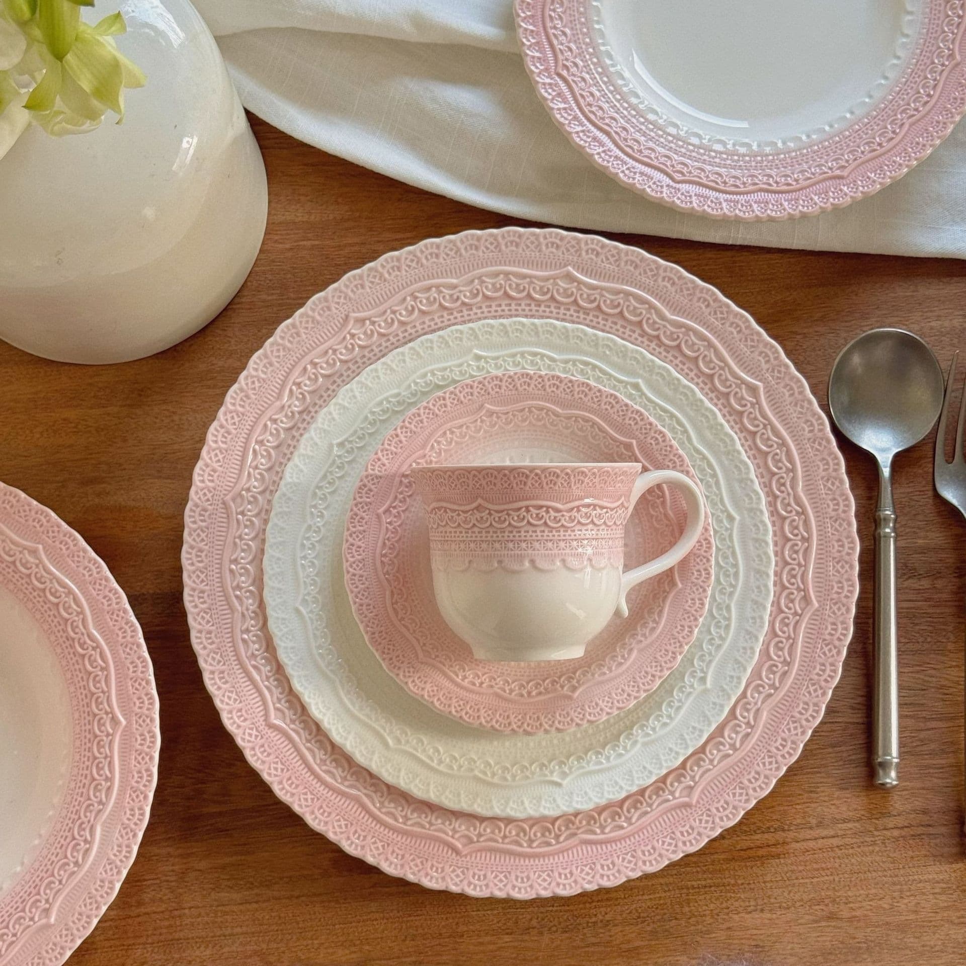 French Vintage Pink Heavy Relief Underglaze Ceramic Plate Bowl Cup Dish Dessert Plate Pasta Plate Dinner Plate Salad Plate