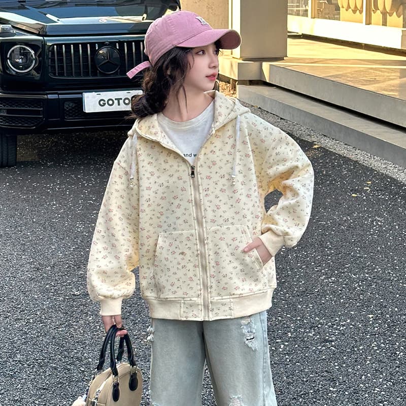 Girls Spring Autumn Hooded Floral Print Sweatshirt, Big Kids Casual Korean Style Loose Long Sleeve Zip-Up Jacket