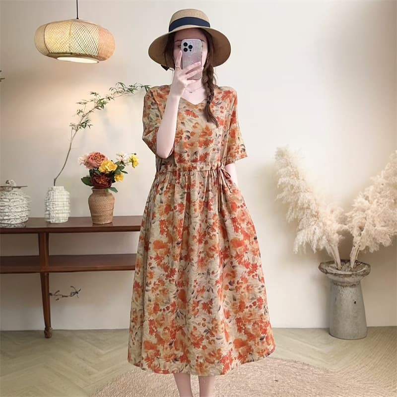 2025 New Style Long-Sleeved Dress, Fashionable New Floral Print Plus Size, Slimming Mid-Length Dress