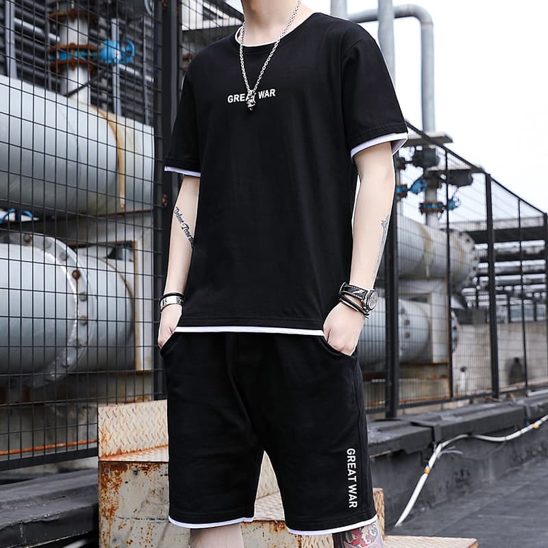 New Short Sleeve Men's T-Shirt Casual Trendy Summer Cotton Two-Piece Set Men's Summer Sportswear Set
