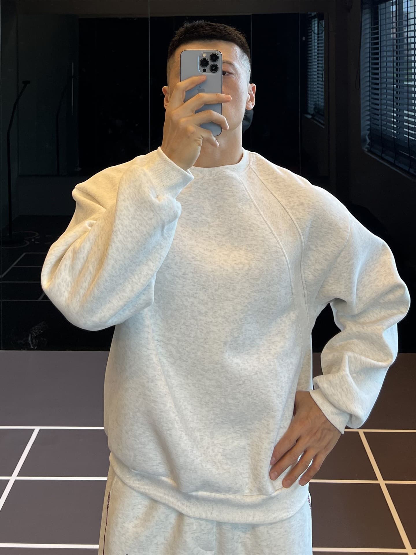 TRAP380G Heavyweight Paneled Design American Sweatshirt for Men, Boxy Fit Drop Shoulder Loose Long Sleeve Fall Winter IRON
