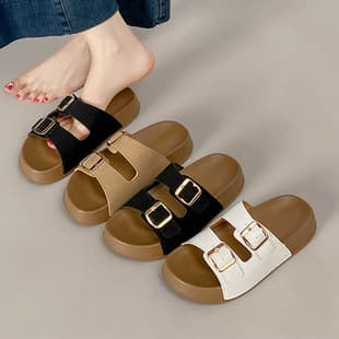Thick Sole Birkenstock Slippers Women Summer Outdoor 2026 New Style Fashion Belt Buckle Casual Beach Sandals Match Dress