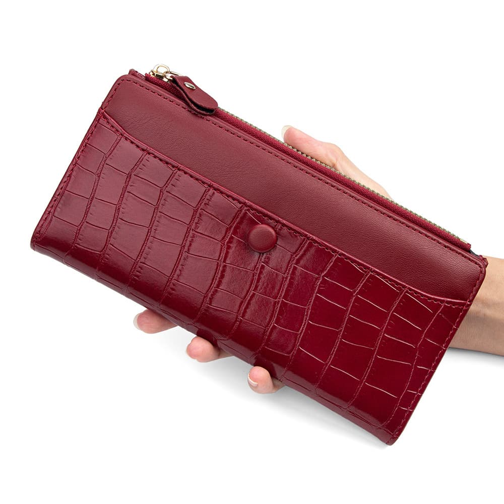 Premium Stone Texture Women's Long Bifold Wallet with Side Zipper