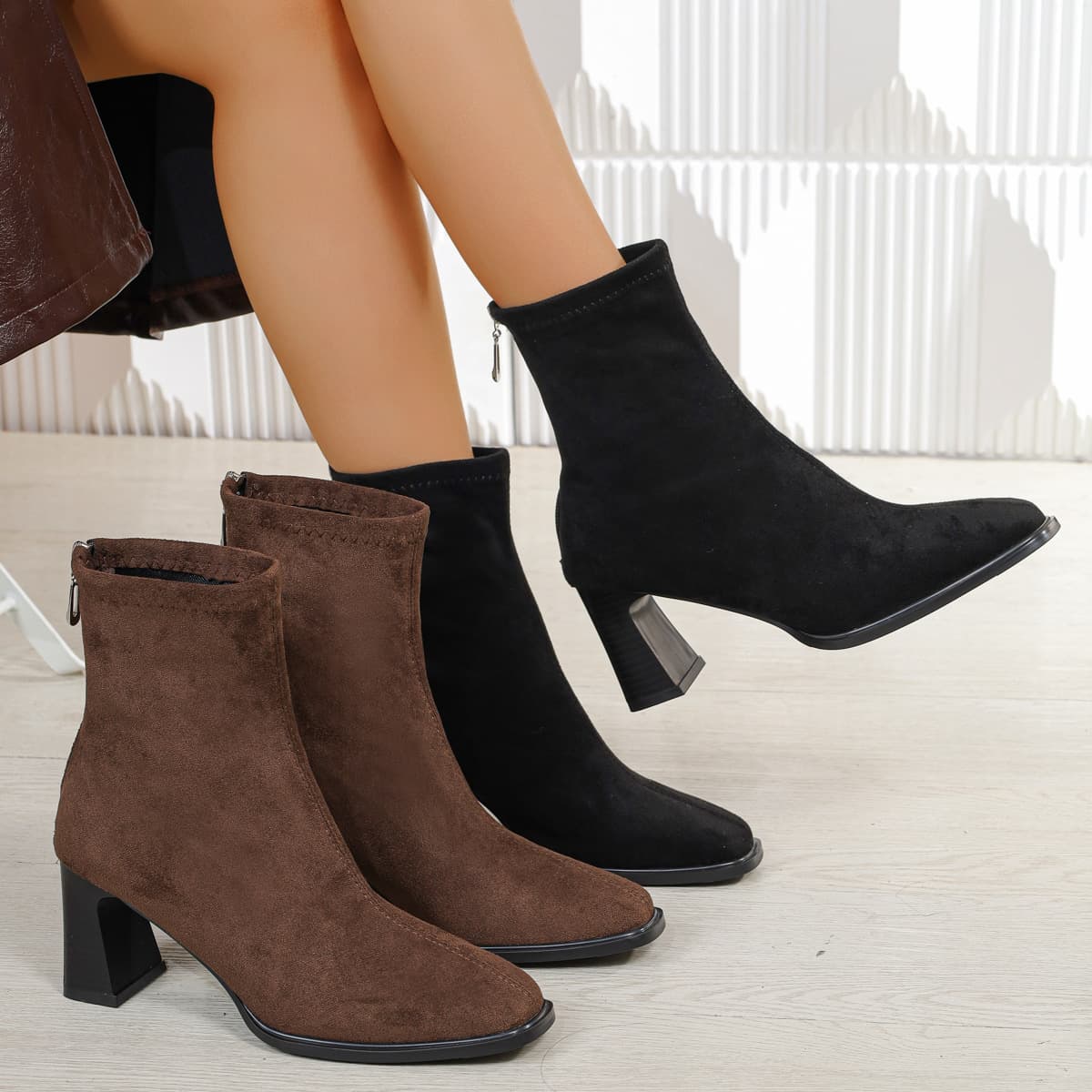 Suede Chunky Heel Ankle Boots Women 2026 Autumn Winter New Fashion Pointed Toe Martin Boots High Heel Back Zipper Style Slim Boots