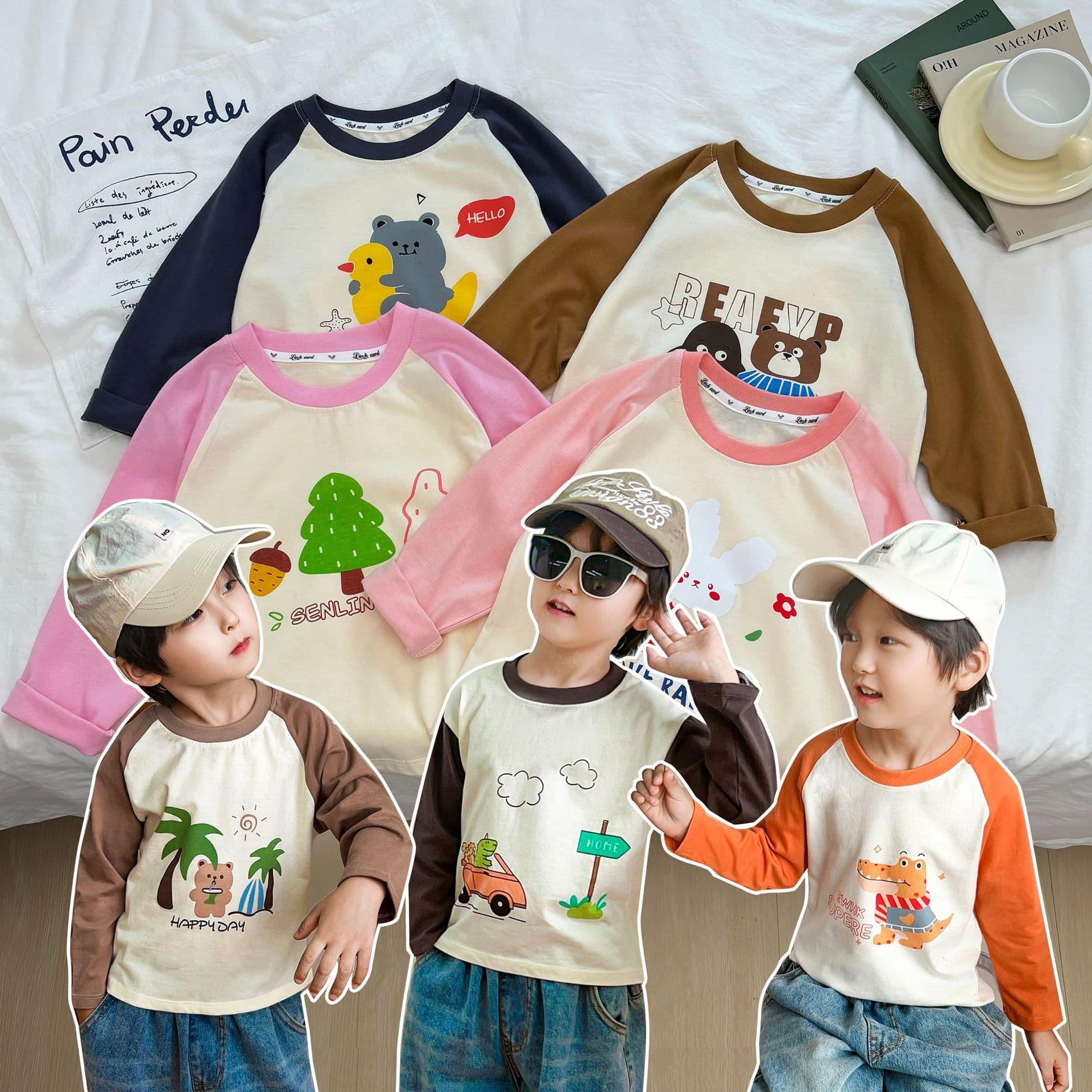 2025 New Children's T-Shirt Pure Cotton Boys' Top Long Sleeve Single Piece, Girls' A-Class Pure Cotton Clothes Cartoon Trendy Kids