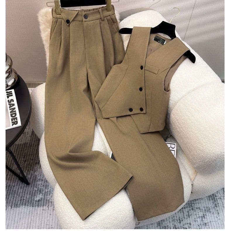 Premium Simple Sleeveless Blazer Vest Set, 2025 Spring/Fall New Style Diagonal Button Vest with Straight-Leg Pants Set