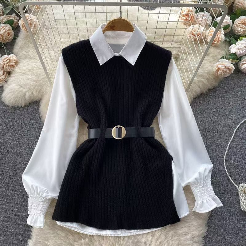 Spot new Korean version slimming new shirt lace-up waist knitted single vest two-piece autumn and winter suit for women