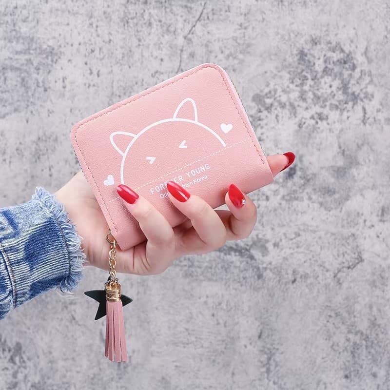 2026 New Style Wallet Women Short Zipper Coin Purse Women Student Cute Cat Print Simple Fresh Money Clip