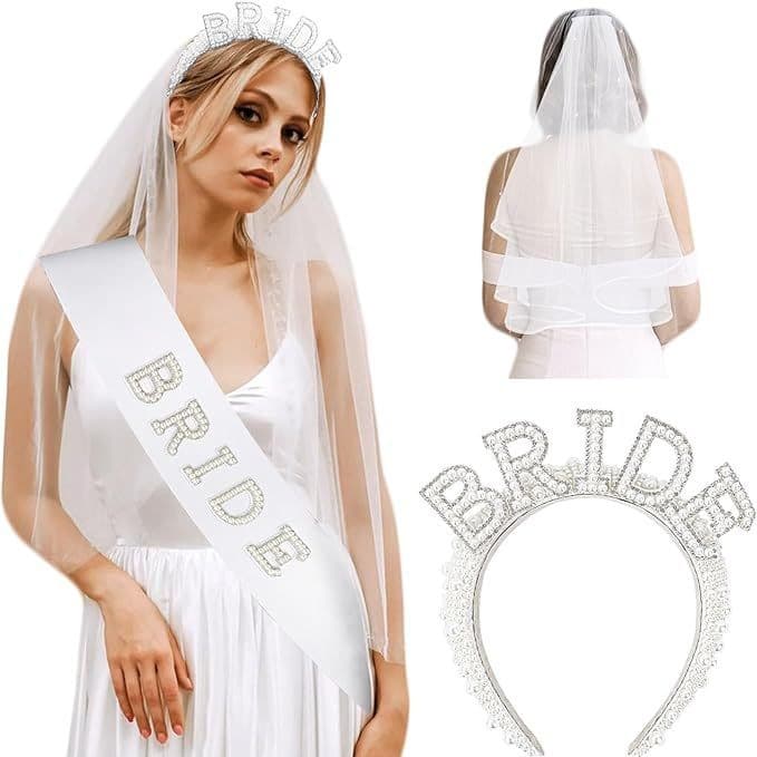 Bachelorette Party Veil Bride Set Wedding Party Bride Set Pearl Letter Rhinestone Headband Sash