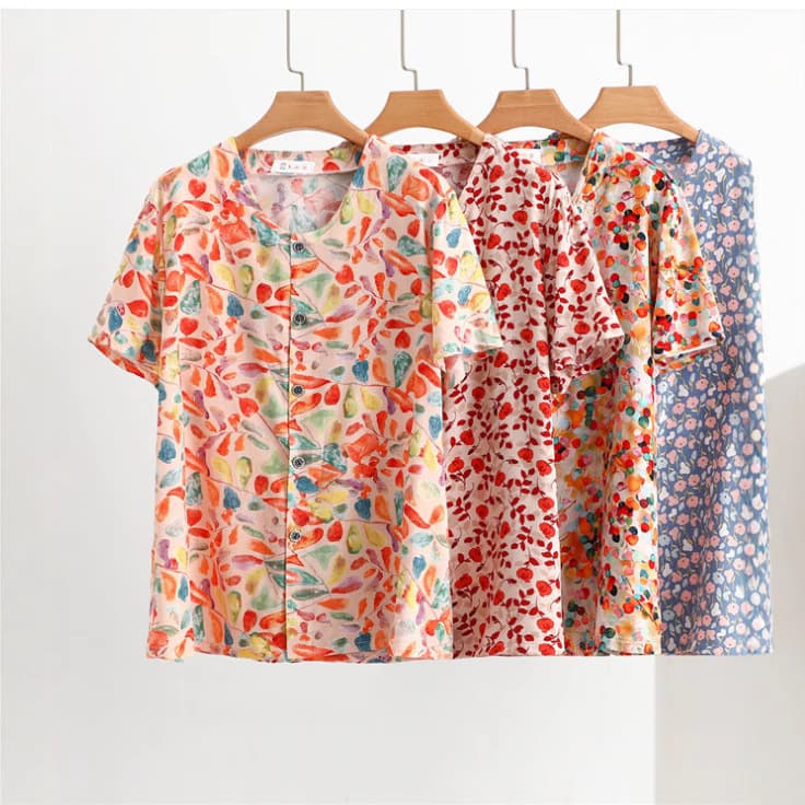 Cotton Silk Middle-aged and Elderly Mother's Top Summer Thin Artificial Cotton Cardigan Printed Loose Floral Shirt T-Shirt