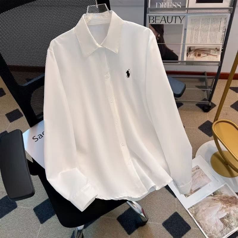 Korean style simple embroidered pony long-sleeved shirt jacket for women in spring and autumn with temperament commuting cardigan white shirt