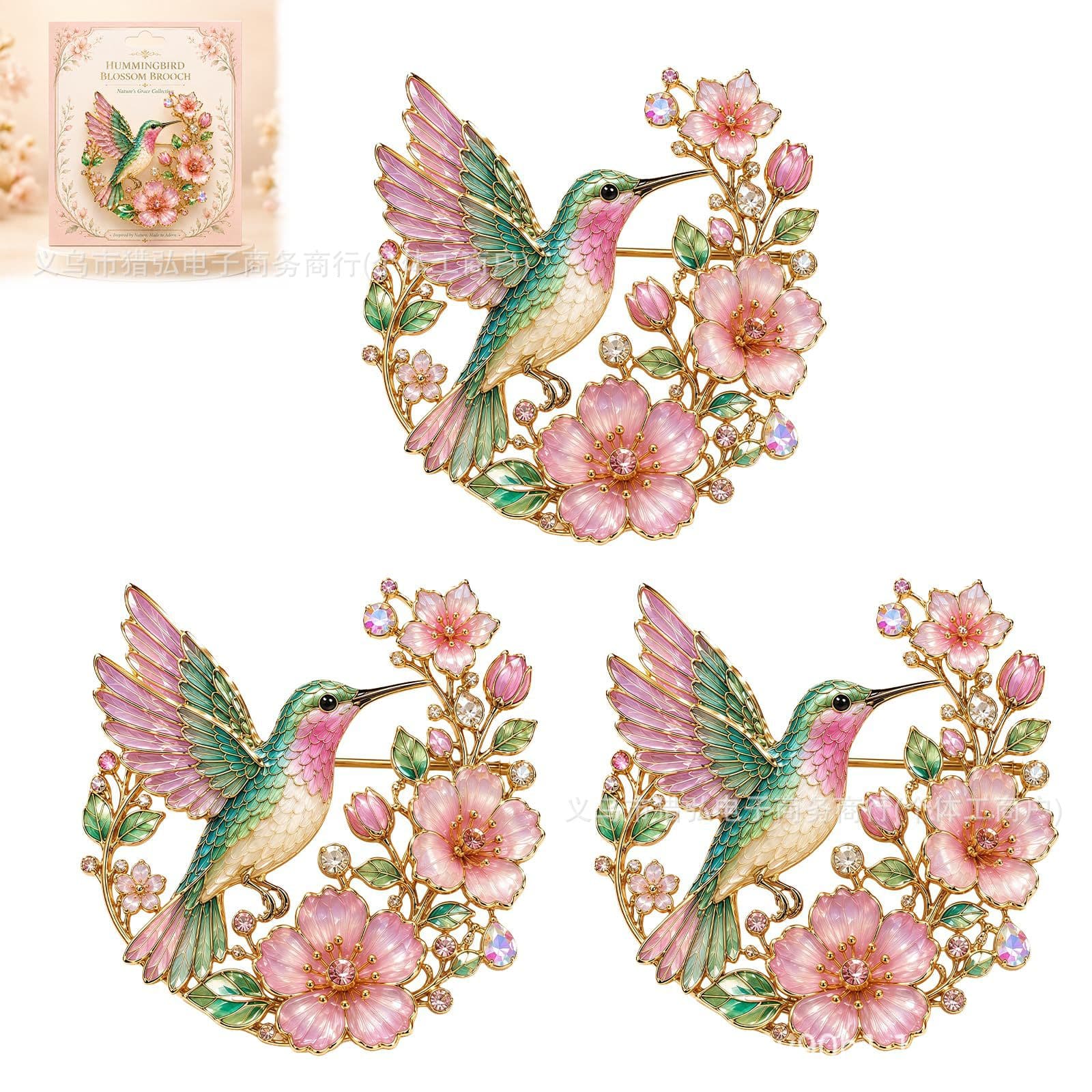 Hummingbird Blossom Brooch Enamel Flower Pin