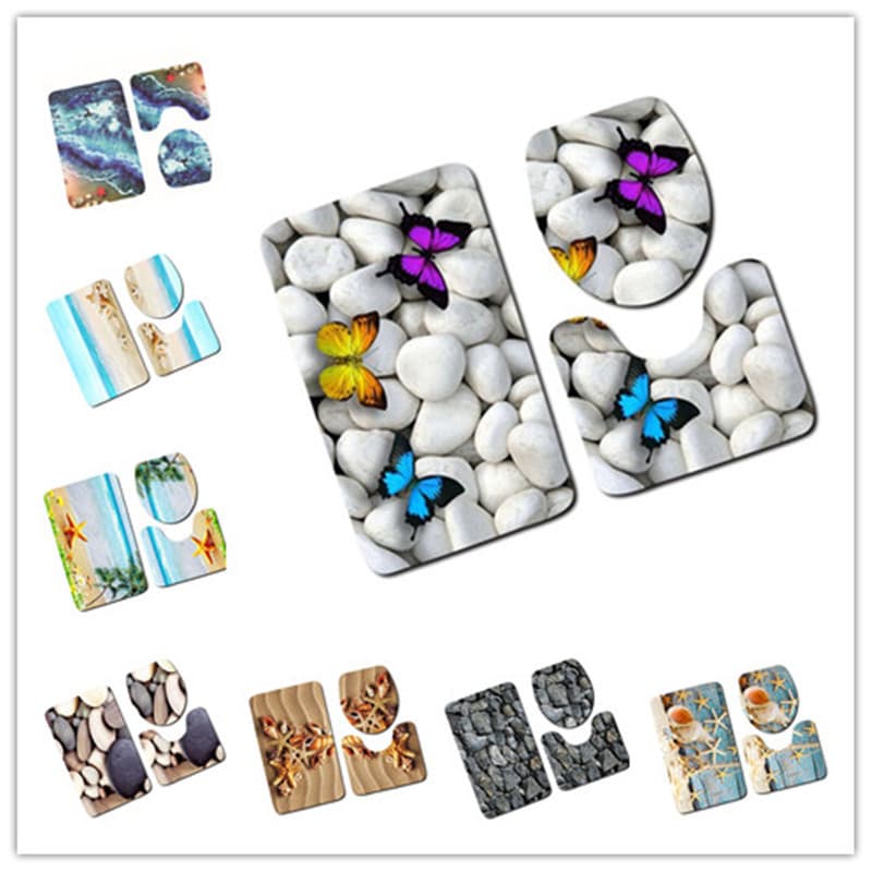 Home Entry Hall Bathroom Three-Piece Door Mat Set, Water-Absorbing Bathroom Mat, Ocean-Themed Toilet Entrance Floor Mat