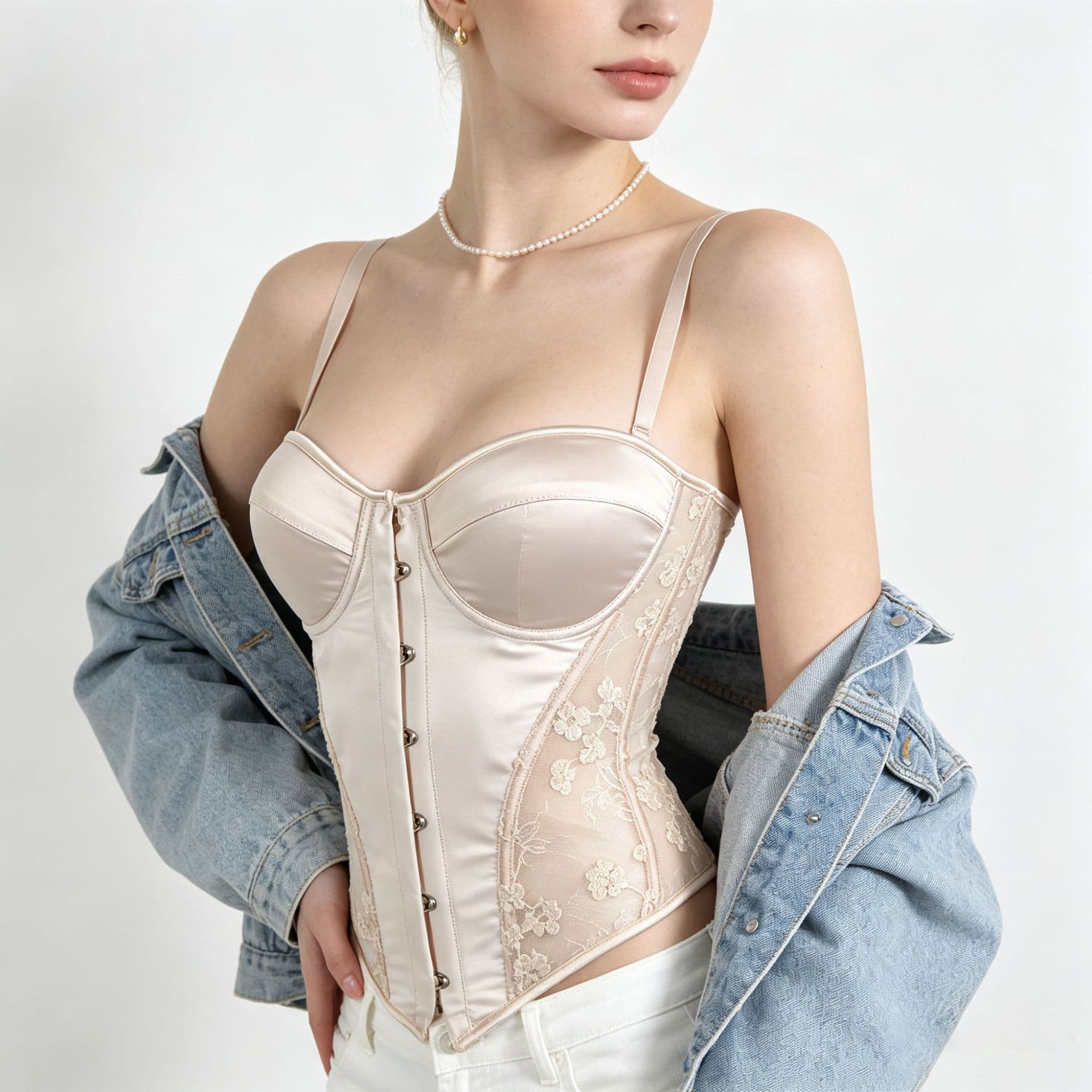 Luxury Pure Desire Sexy Applique Embroidery Shaping Corset Top with Satin Panel Lace-Up Strappy Design