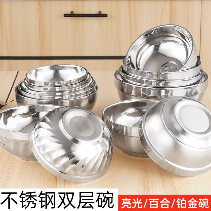 Double Layer Platinum Lily Rice Soup Bowl 201/304 Stainless Steel Home Dining Utensils round Shape Microwave Safe Adult Use