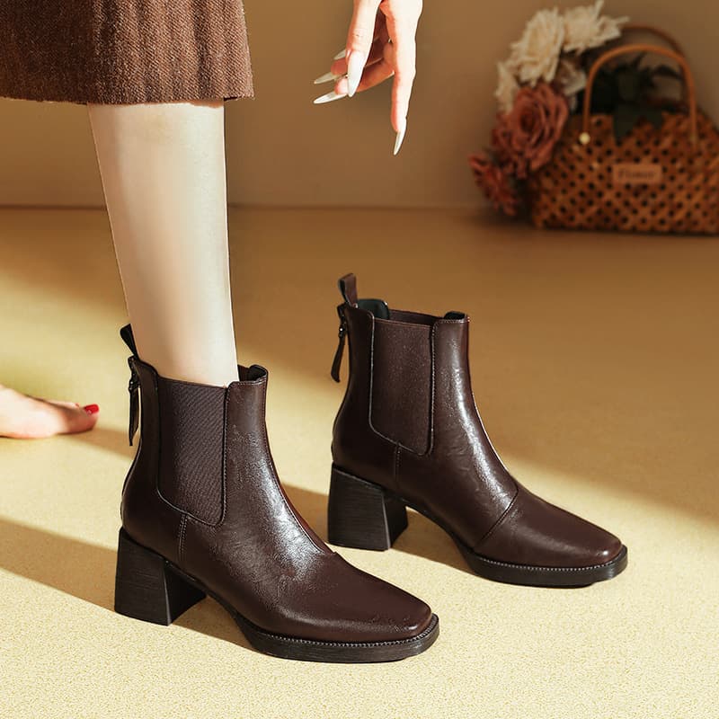 High heel short boots 2025 winter new thick heel brown boots women's mid-calf boots fashion square toe elastic women's leather boots
