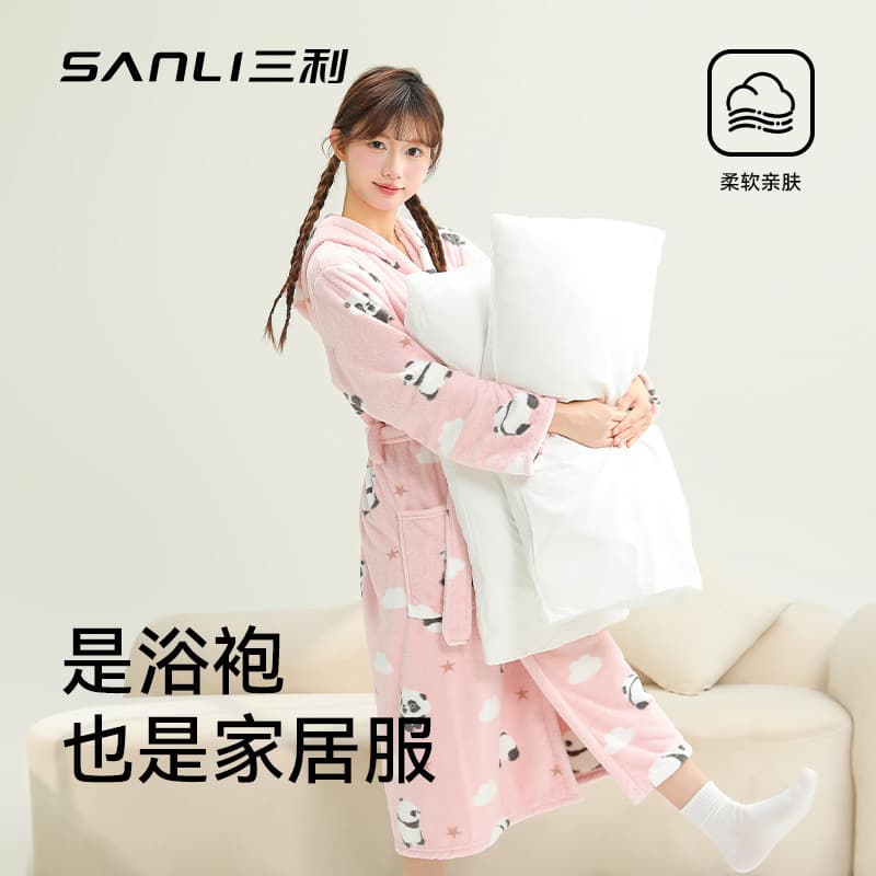 Sanli Towel New Printed Panda Bathrobe Adult Couple Cartoon Sleep Robe Coral Fleece Bathrobe Home Wear