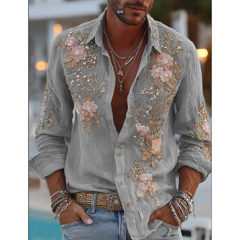 Cross-border Retro Style 3D Print Long Sleeve Summer New Men's Casual Versatile Fashion Trendy Shirt