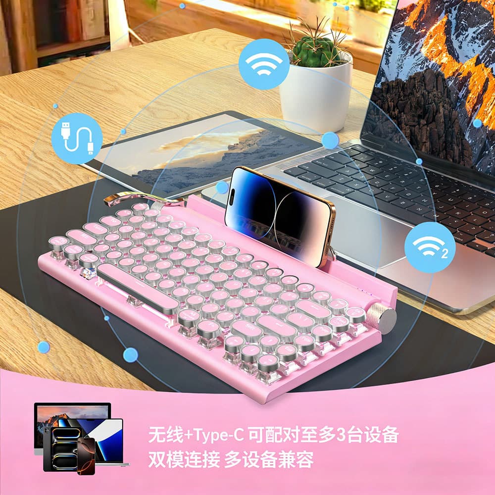 Blue Switch Typewriter Style Mechanical Keyboard Gaming Mouse Set, High Appearance Level for Office and Gaming, for Women