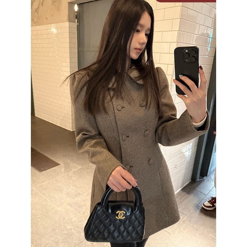 Wool Coat Autumn Winter New Korean Style High-End Doll Collar Thick Casual Mid-Length Fitted Wool Top for Women