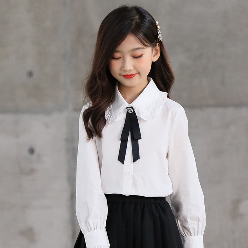 Girls' White Shirt 2022 Spring/Autumn Children's Blouse Korean Style Campus Pure Cotton Long Sleeve Top for Older Kids