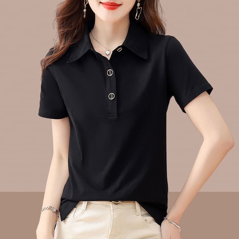 Polo shirt lapel short-sleeved t-shirt women's 2024 summer new cotton short top foreign style loose black body trend