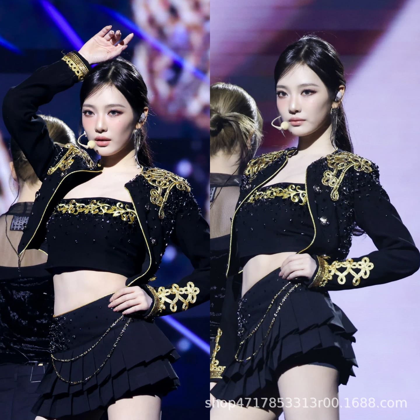 aespa Ning Yizhuo Style Kpop Jazz Dance Outfit Idol Stage Performance Black Gold Heavy Craft Set