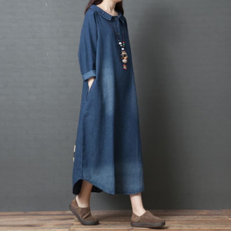 8966# Korean Loose Plus Size Women's Fashion Comfortable Pure Cotton Denim Shirt Dress