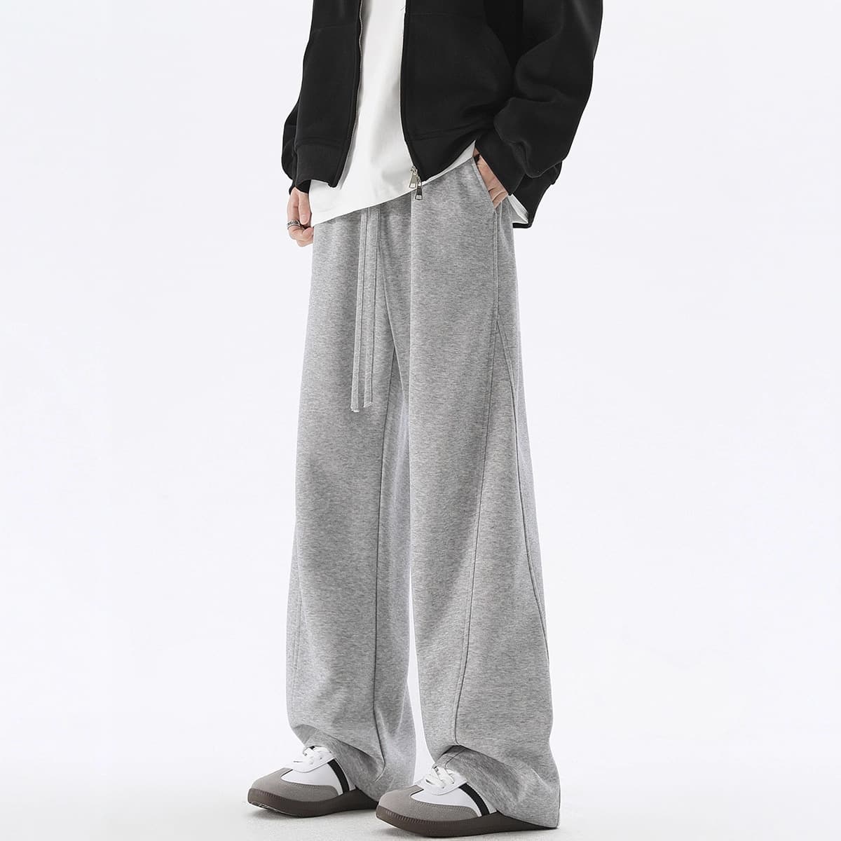 American Curved Blade Casual Pants Short Style Thin Trendy Autumn Winter New Loose Straight Leg Fleece Gray Sport