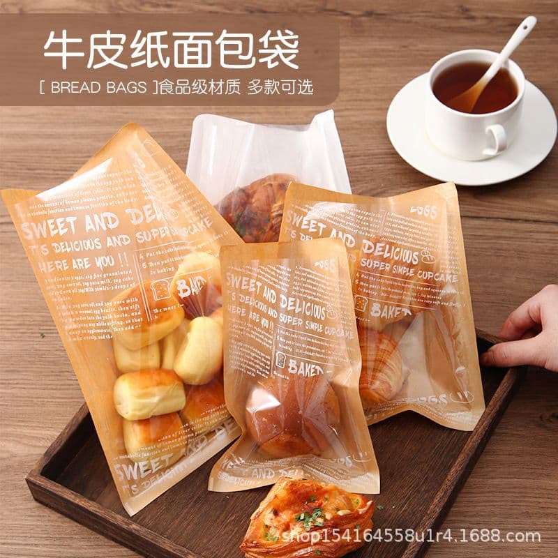 Bread packaging bag, sandwich cookie, bagel, baguette, toast, kraft paper bag, baked goods transparent packaging bag