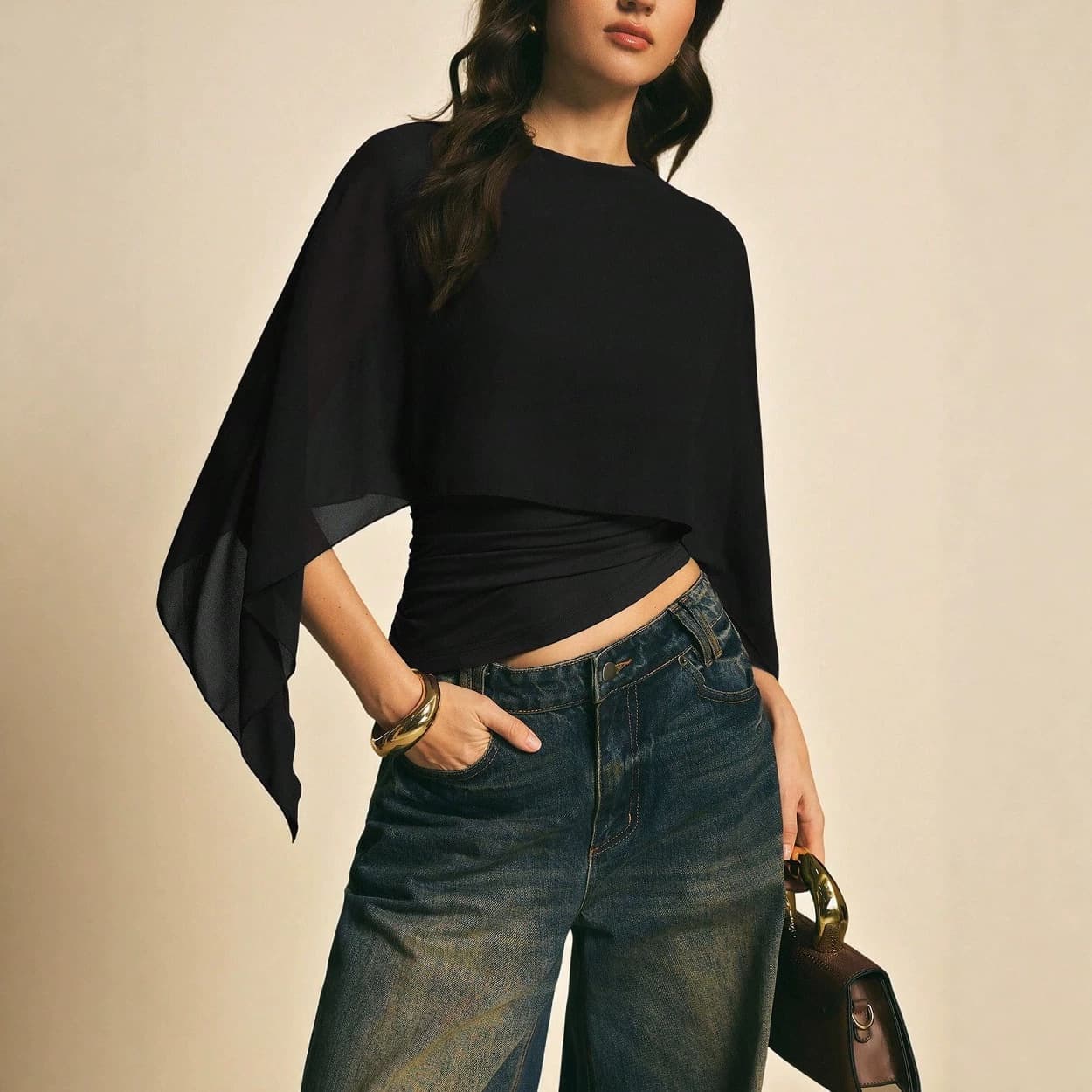 G26T456 Mesh shawl style black top with round neck cape design, light and mature style, slim and elegant short top