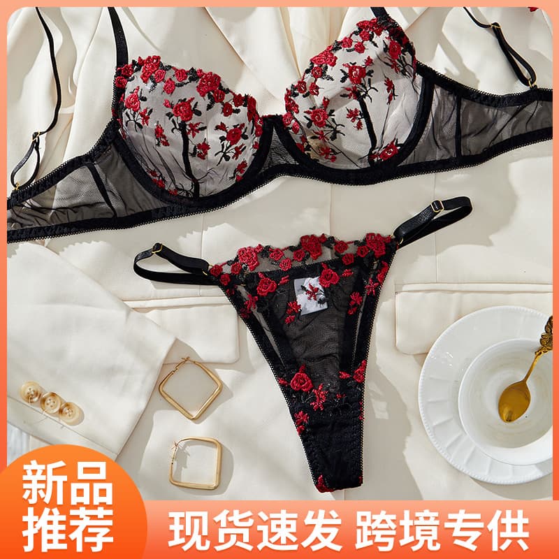 Black Embroidered Flower Lingerie Thin Bra French Ultra-Thin Sexy Underwear Set Niche Mesh Bra