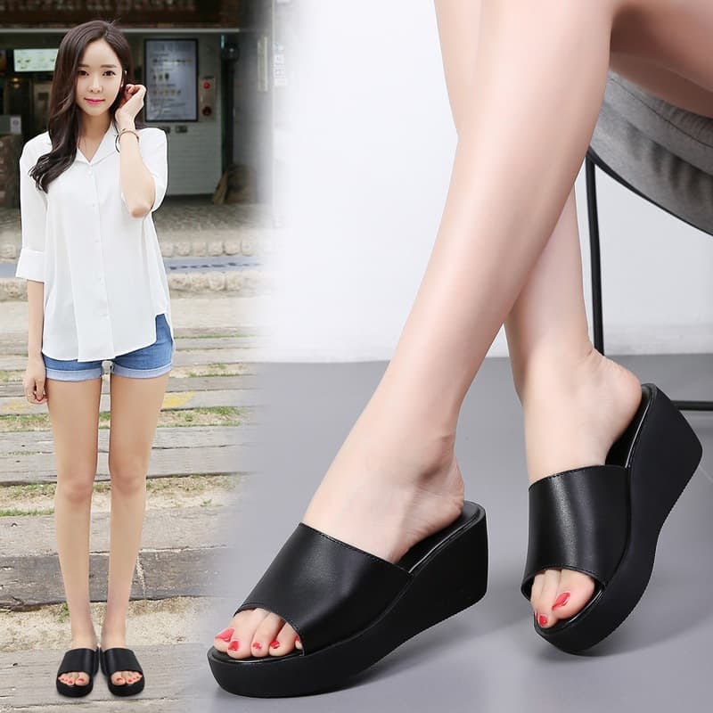 Women's Cross-Border Spring/Summer Wedge Sandals, Cowhide One-Strap Sandals, Elevated Thick-Soled Fish-Mouth Slippers, Lightweight