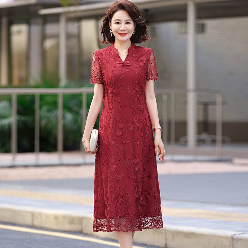High-End Lace Short Sleeve Dress Mother Improved Cheongsam Dress Wedding Banquet Dress New Summer Fashionable Slimming Red Dress