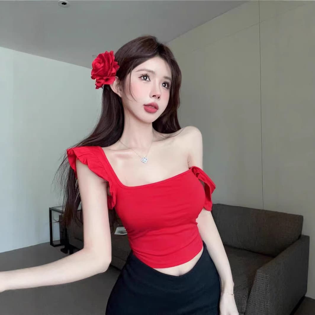 Wine Red Square Neck Small Flutter Sleeve Slim Fit T-Shirt 2024 Summer New French Hot Girl Niche Women's Fashion