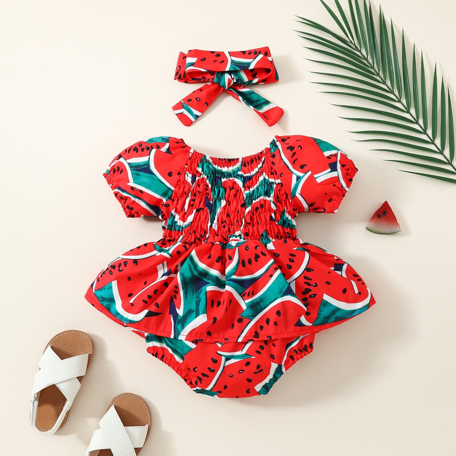 Sweet Baby Girl Watermelon Print Bustier Smocked Off-Shoulder Short Sleeve Dress + Headband Newborn Style