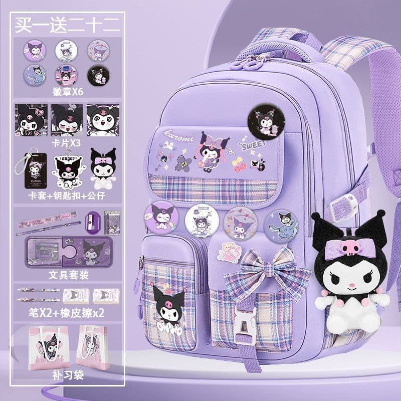 Kuromi Elementary School Backpack for Girls Cute Lightweight Large Capacity Double Shoulder Bag Cartoon Spine Protection Kids Backpack