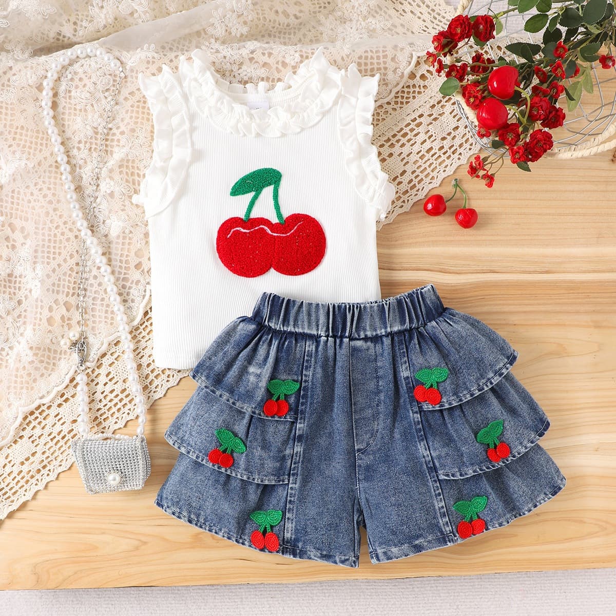Young Girls Clothes 3-7 Years Old Summer Ruffle Hem Top + Denim Shorts, In Stock