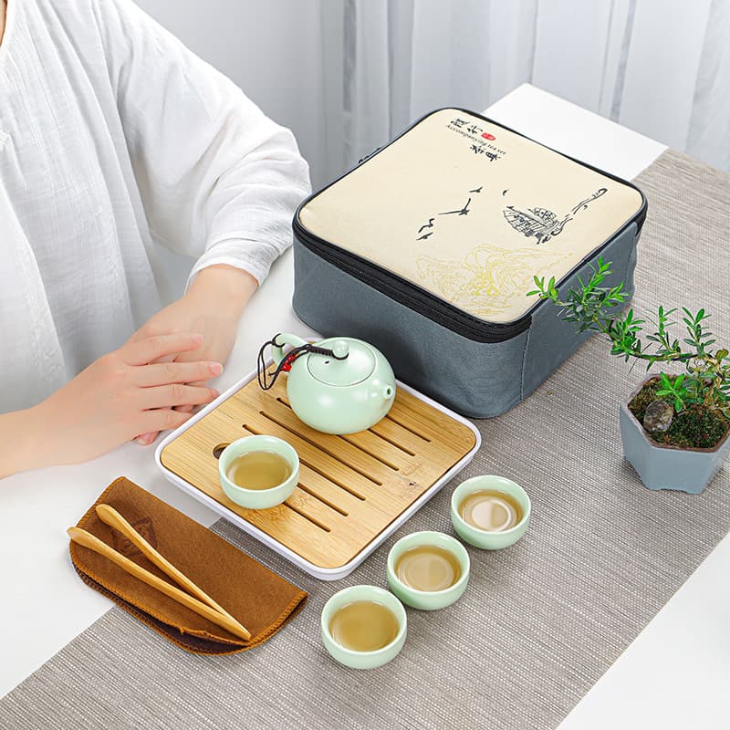 Outdoor Travel Tea Set One Pot Four Cups with Tea Tray Portable Set Corporate Tea Brewing Souvenir Gift Wholesale