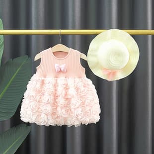 Summer New Girl Rose Flower Dress Straw Hat Baby One Year Old Sleeveless Princess Gown Infant Toddler